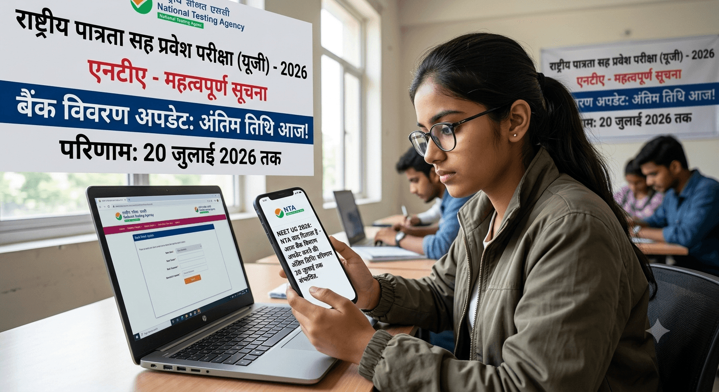 नीट यूजी 2026: NTA ने अभ्यर्थियों को आज बैंक विवरण अपडेट करने की अंतिम तिथि याद दिलाई, परिणाम 20 जुलाई तक आने की संभावना।