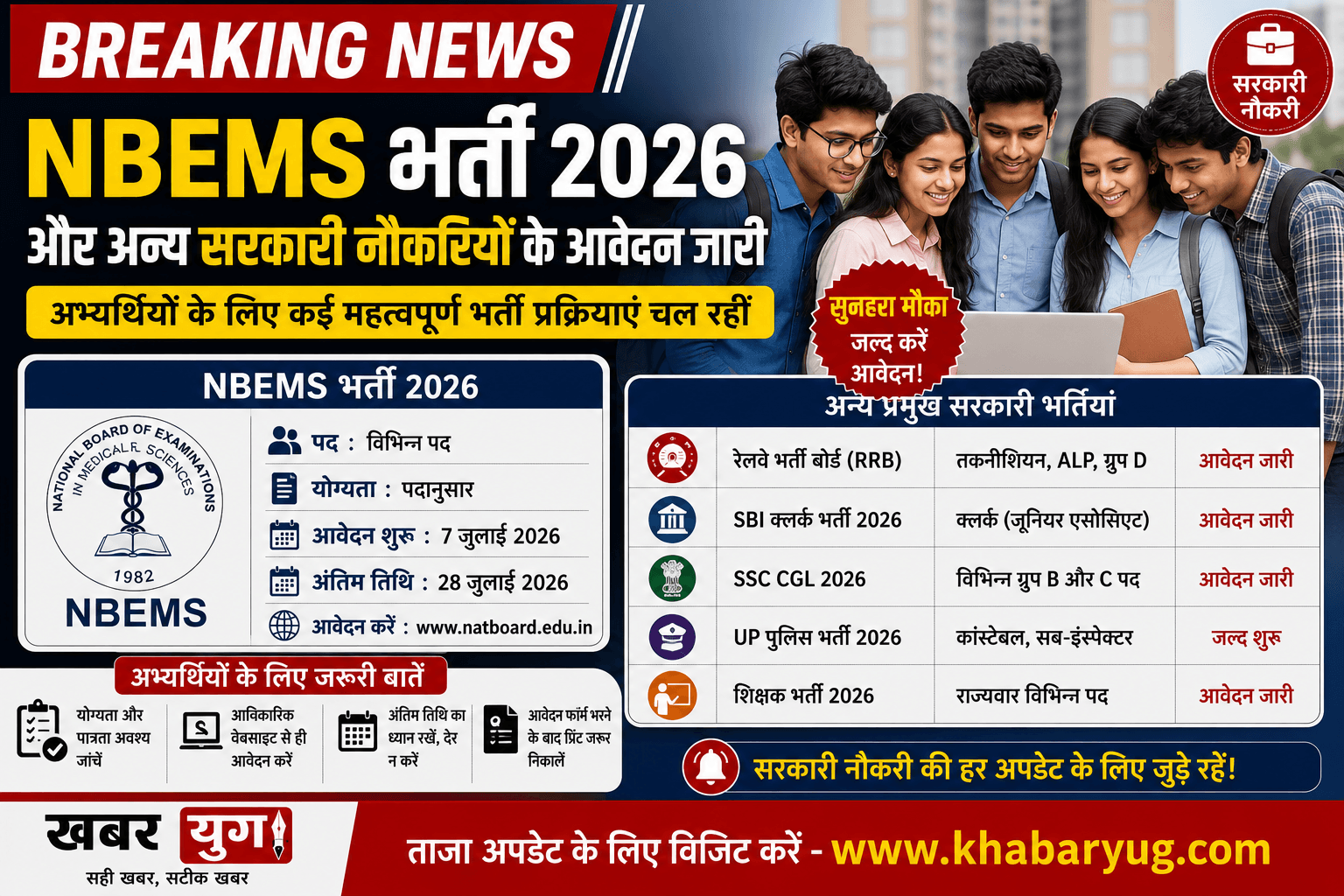 NBEMS भर्ती 2026 और अन्य सरकारी नौकरियों के आवेदन जारी, अभ्यर्थियों के लिए कई महत्वपूर्ण भर्ती प्रक्रियाएं चल रही हैं।