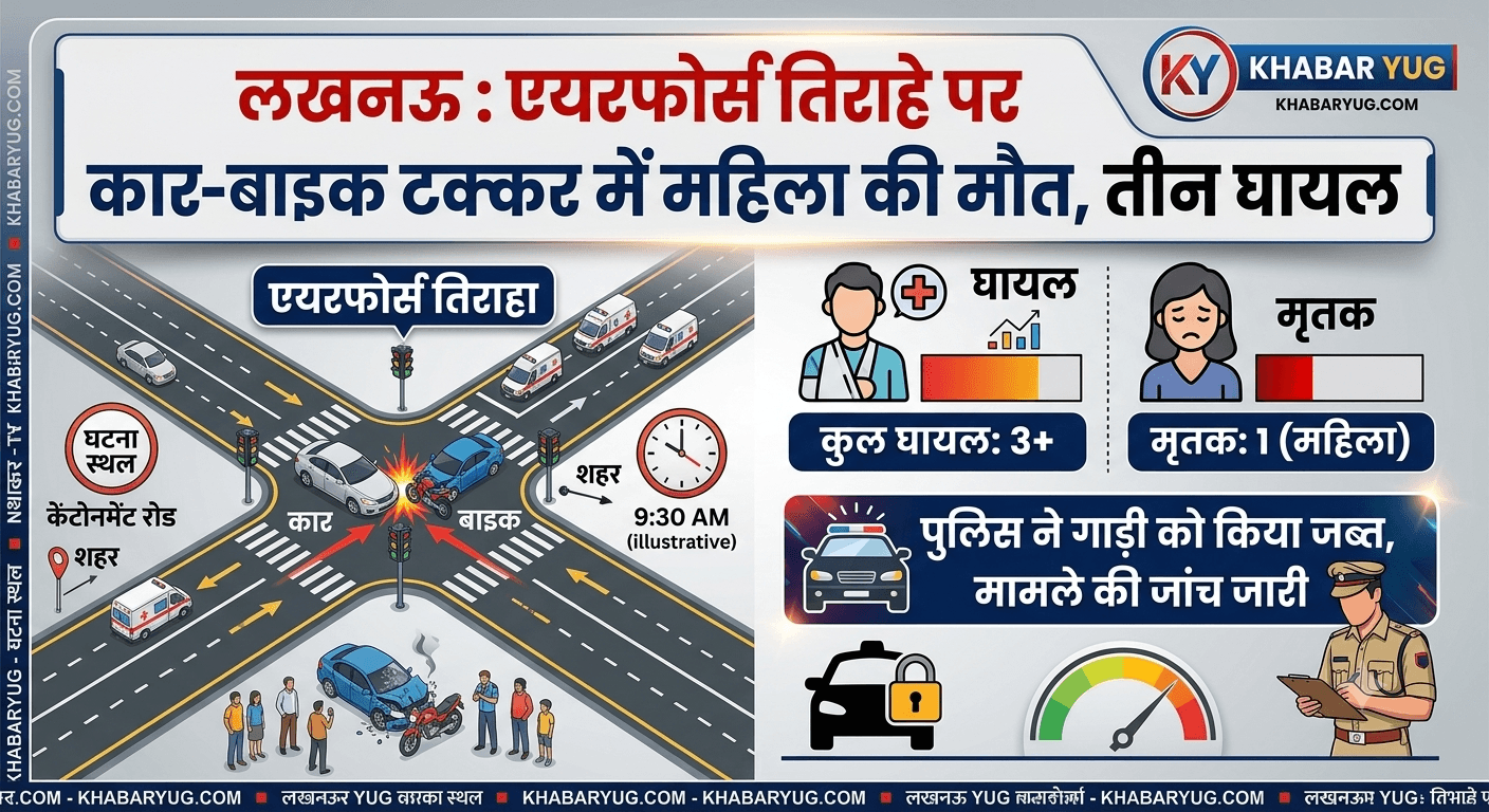 लखनऊ : एयरफोर्स तिराहे पर कार ने बाइक में मारी टक्कर, महिला की मौत और तीन घायल; पुलिस ने गाड़ी को किया जब्त